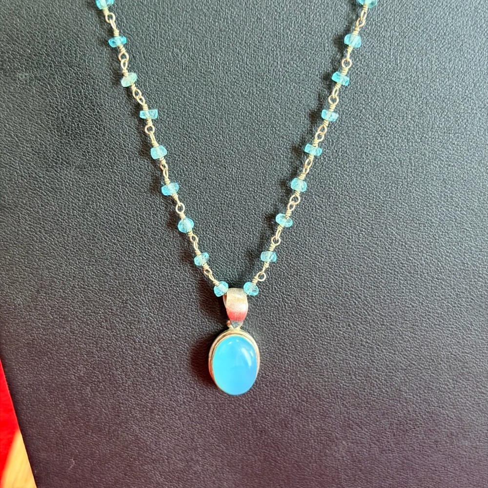 Blue chalcedony and blue Apatite Beaded Necklace 24”